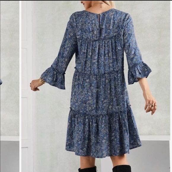 Light Blue Floral Flute-Sleeve Peasant Dress - Picture 3 of 13